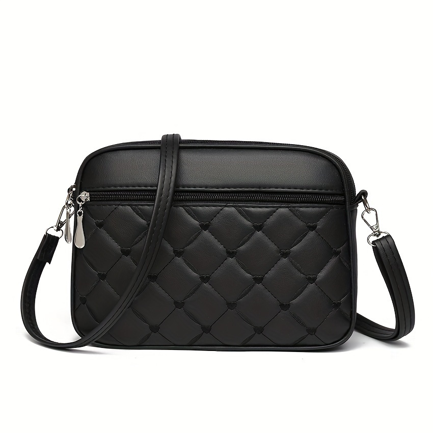 

Sac à bandoulière géométrique brodé en de cœur pour femme avec fermeture éclair multicouche, grande , bandoulière amovible et réglable - Léger PU noir, doublure en polyester