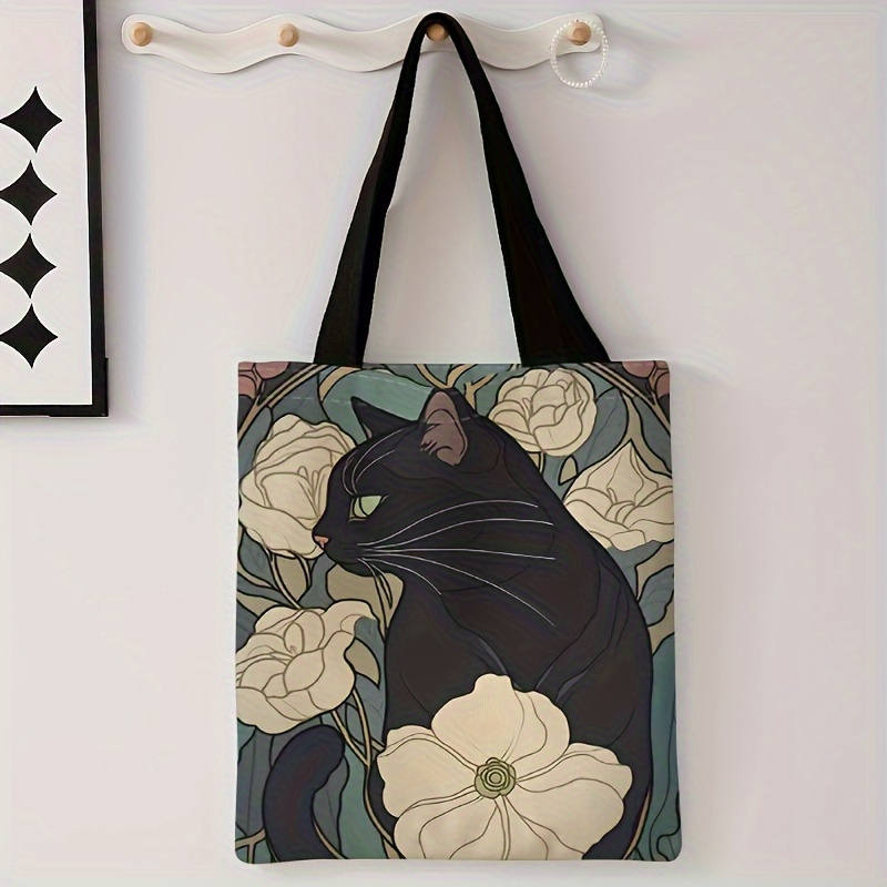 

Camellia Black Cat Pattern Printed Casual Tote Bag, Reusable Fashionable Bag, Multi Functional Handbag, Printed Shopping Bag