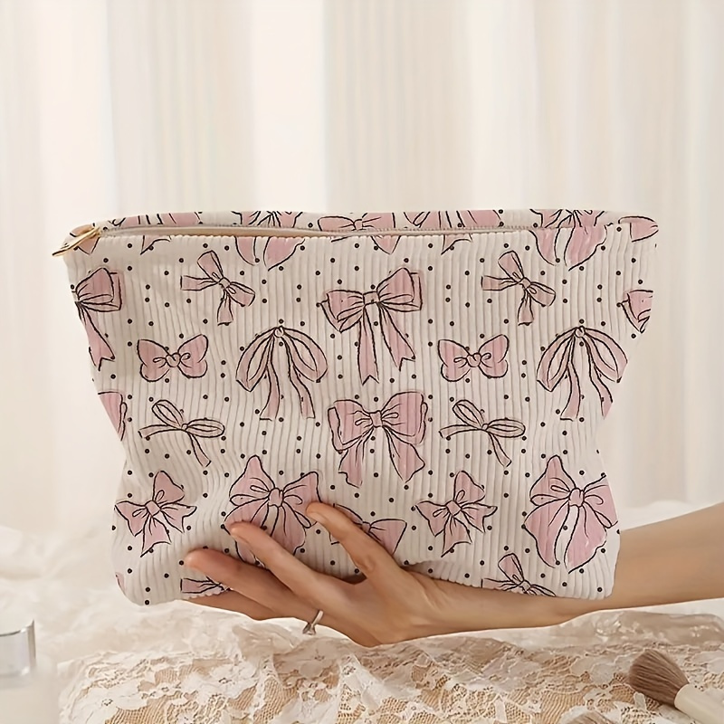 

Butterfly Bow Print Velvet Zippered Cosmetic Bag, Polyester Makeup Pouch With Lining, Multi-functional Toiletry Organizer For Women