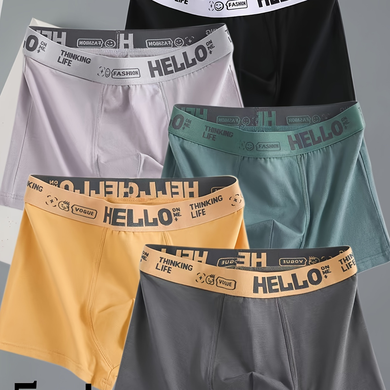 

Stylish High- End Series - 5 Pcs Men' Color Hello Belt Stretchy Boxer Briefs - Comfy & & Breathable Underwear Set