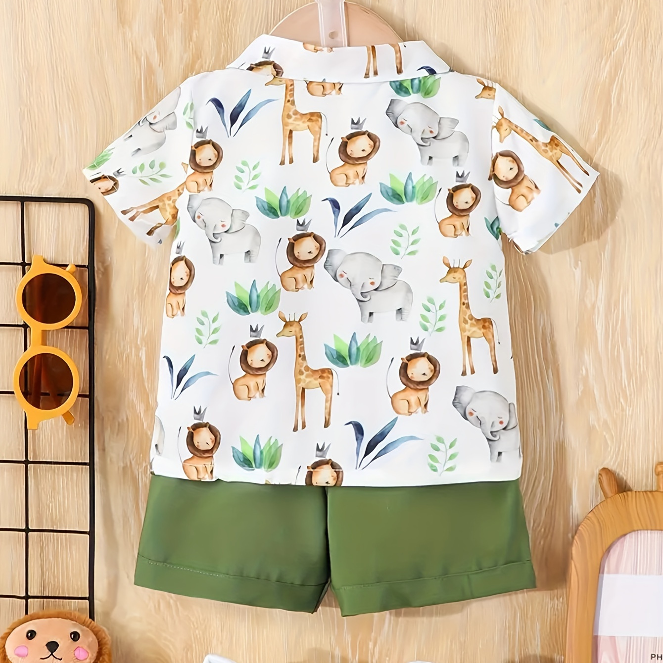 

2pcs Infant & Toddler's Elephant Lion Print Casual Outfit, Short Sleeve Shirt & Elastic Waist Shorts, Baby Boy's Clothes For Summer Beach Vacation Outings