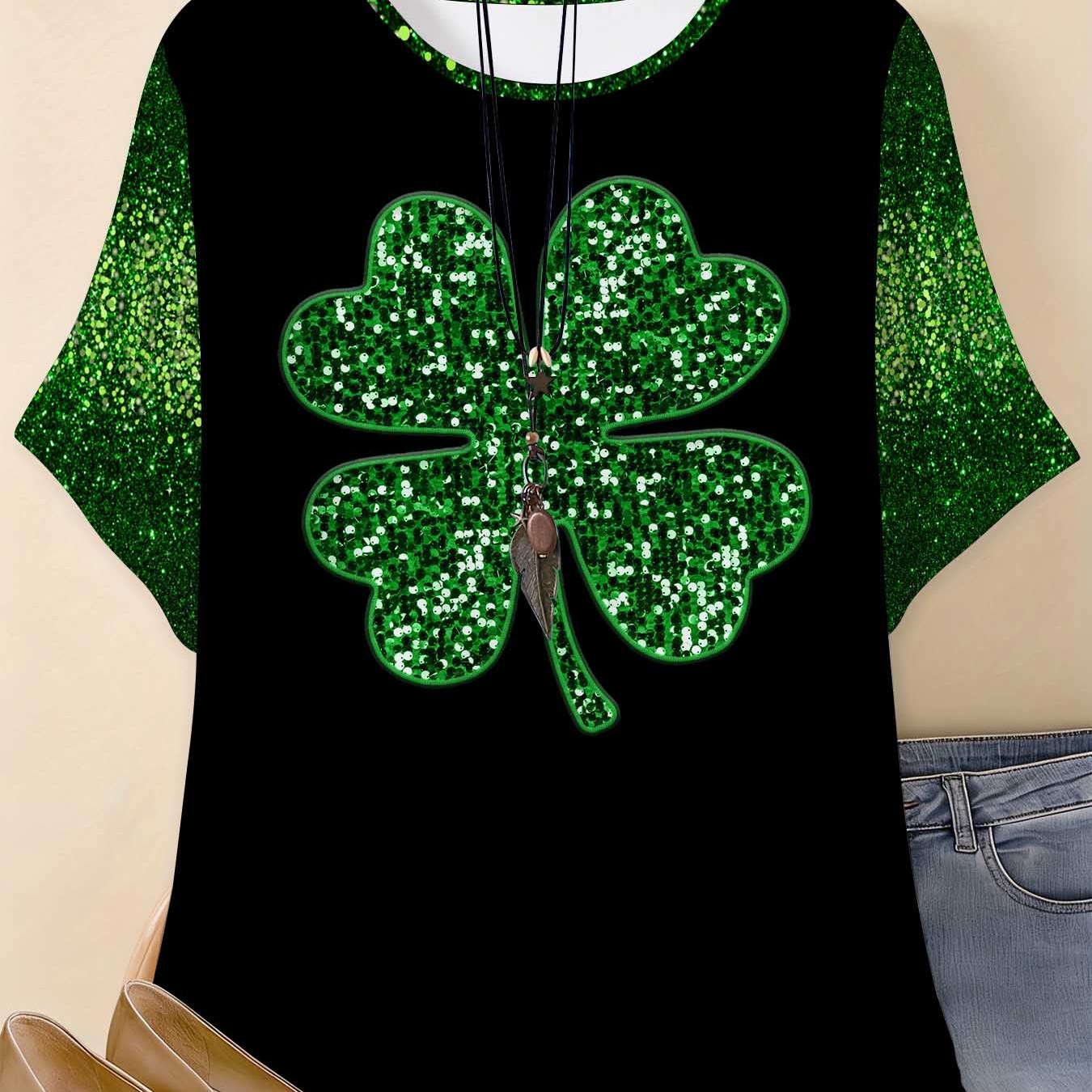 TEMU Women St Patrick Day Clover Sequin Print T Shirt Casual Round Neck Short Sleeve Top For Festival Party Outfit