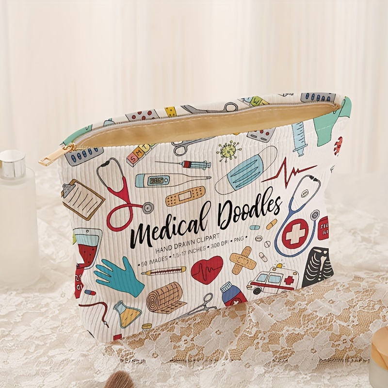 

Medical Doodles Print Corduroy Makeup Bag, Lightweight Zipper Storage Bag Cosmetic Organizer, Versatile Toiletry Bag With Liner