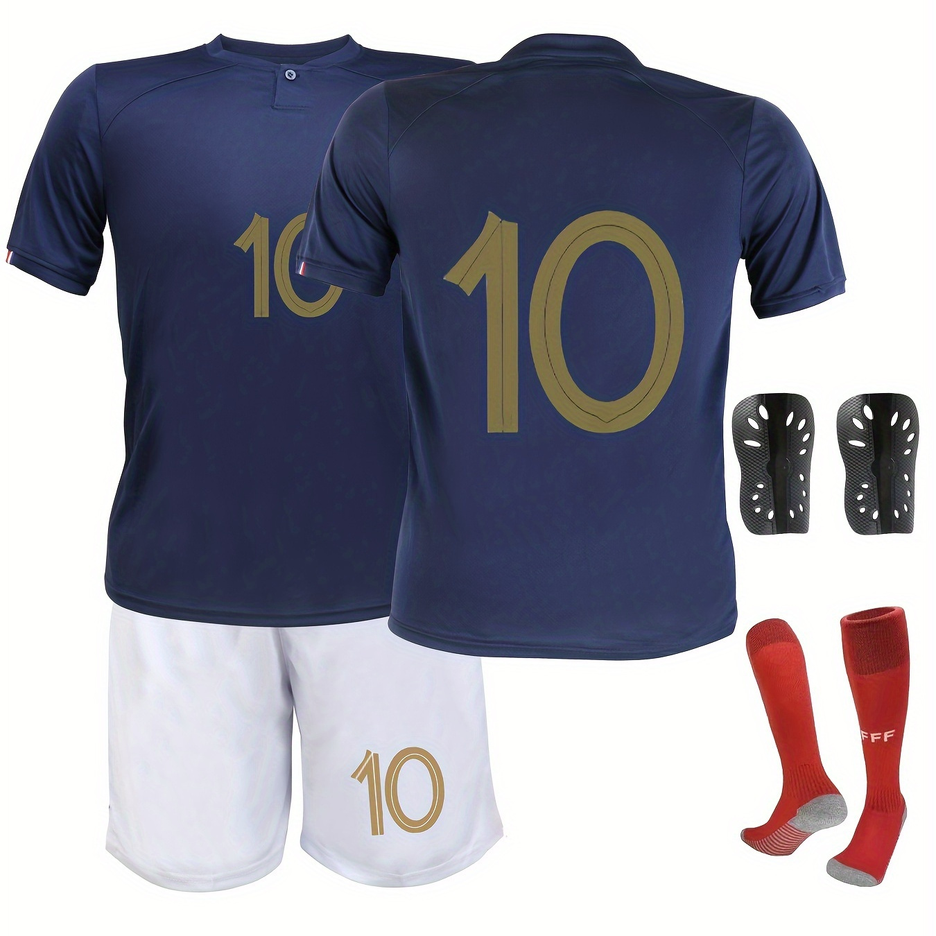 

2pcs Boys Breathable Sports #10 Football Training Jersey Set, Quick-drying Short Sleeve T-shirt&shorts&socks&knee Pads Set, Boys Clothing For Summer