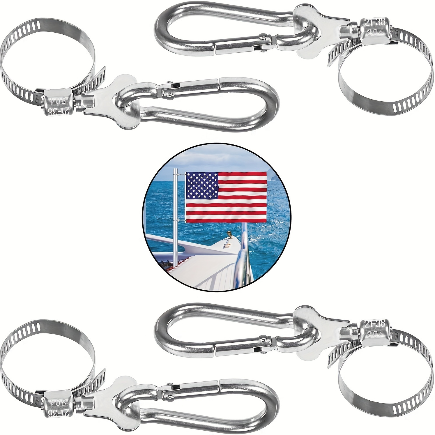 

4-piece Stainless Steel Flagpole Clips With Carabiner - Durable, Adjustable Grommet For On Poles 0.75-1.25" Diameter