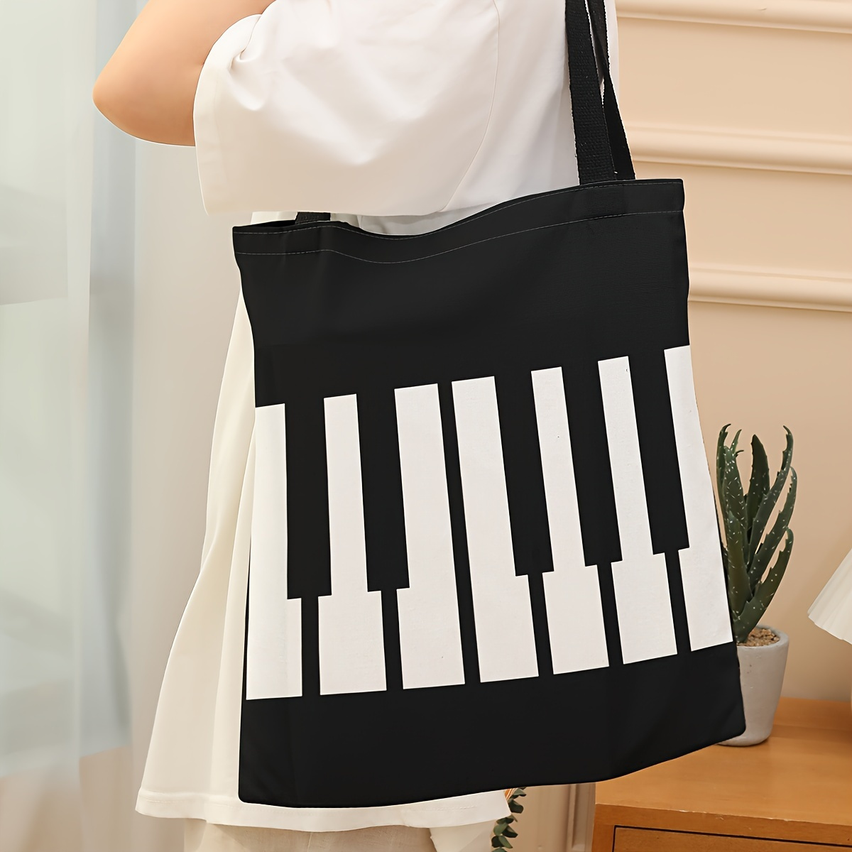 

1pc Piano Key Canvas Bag, Canvas Large Capacity Shoulder Bag, Multifunctional Small Backpack, Suitable For Women's Shopping Bag, Fashion Folding Shoulder Bag