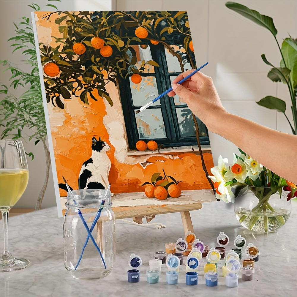

Diy Paint By Numbers Kit For Adults - Cat And Orange Tree Design, Frameless Fabric Canvas, Relaxing Art Project For Home Decor, Perfect Gift For Friends, 16x20 Inches