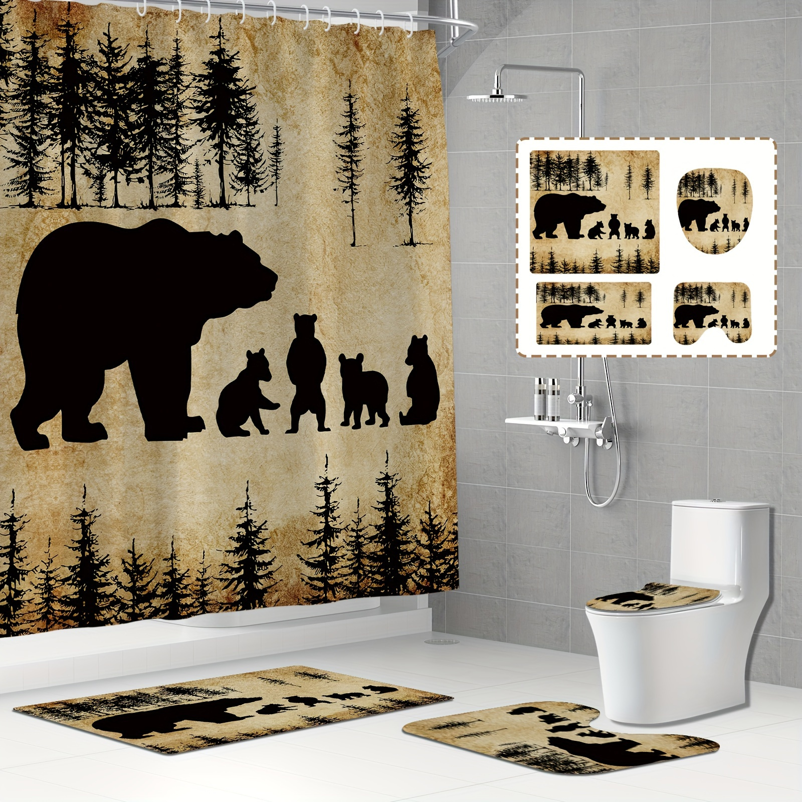 

Shower Curtain Set With Non-slip Bathroom Mats, Forest Wildlife Animal Print - Water-resistant Polyester Fabric, Machine Washable, Includes 12 Hooks, Pastoral Theme - All Seasons Universal