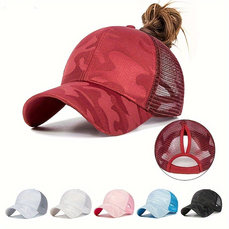 

Camouflage Ponytail Baseball Cap Solid Color Breathable Mesh Trucker Hats Lightweight Adjustable Dad Hat For Women Daily Uses