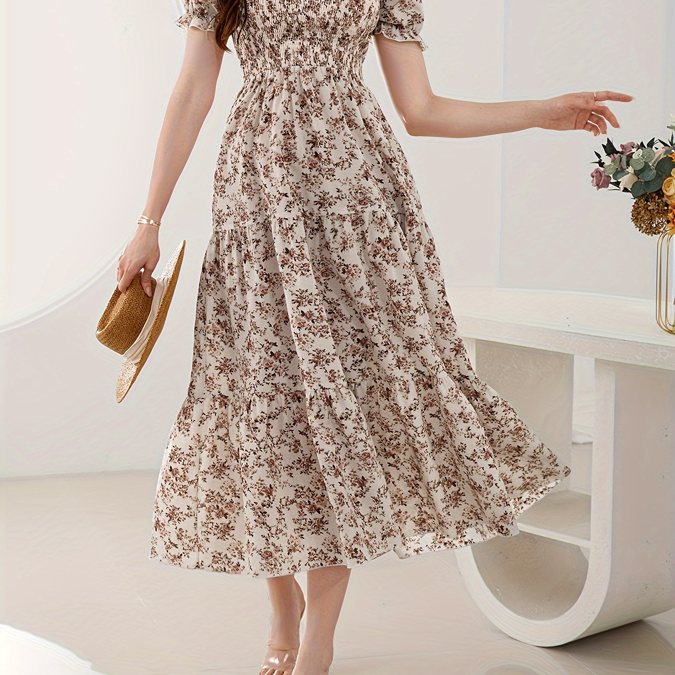 

Floral Print Puff Sleeve Dress, Elegant Square Neck Shirred Ruffle Hem Backless Dress For Spring & Summer, Women's Clothing