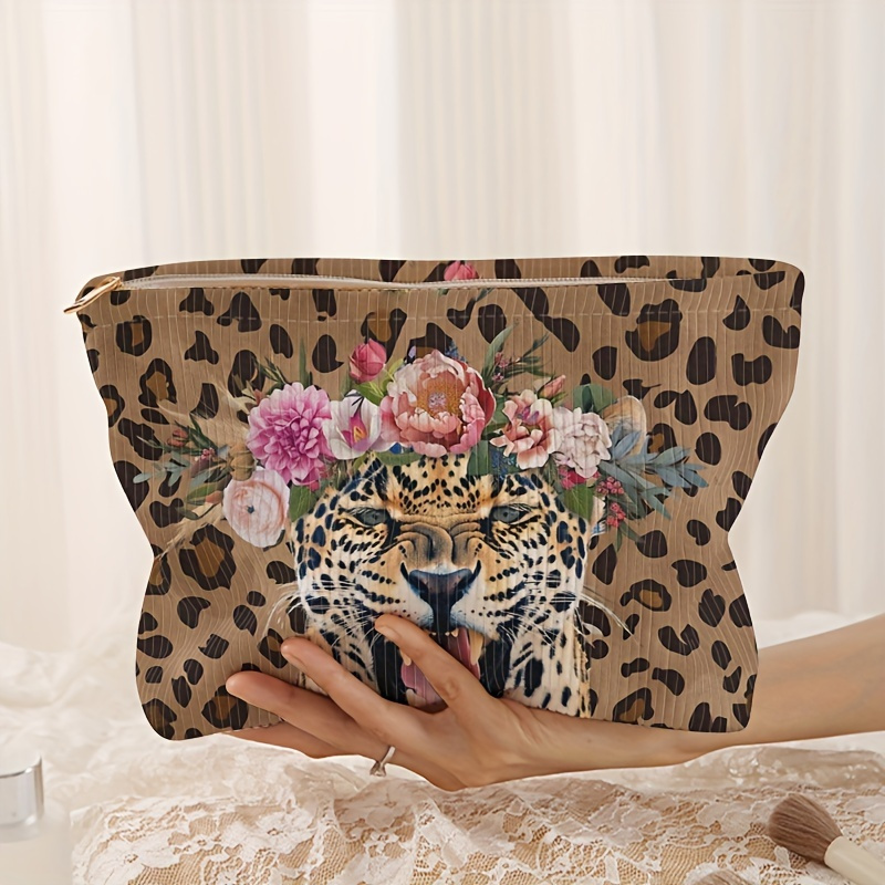 

Leopard Print Cosmetic Bag With Floral Panther Design, Polyester Velvet Zippered Pouch, Multifunctional Toiletry Bag With Lining, Portable Makeup Organizer, Non-waterproof, Unscented