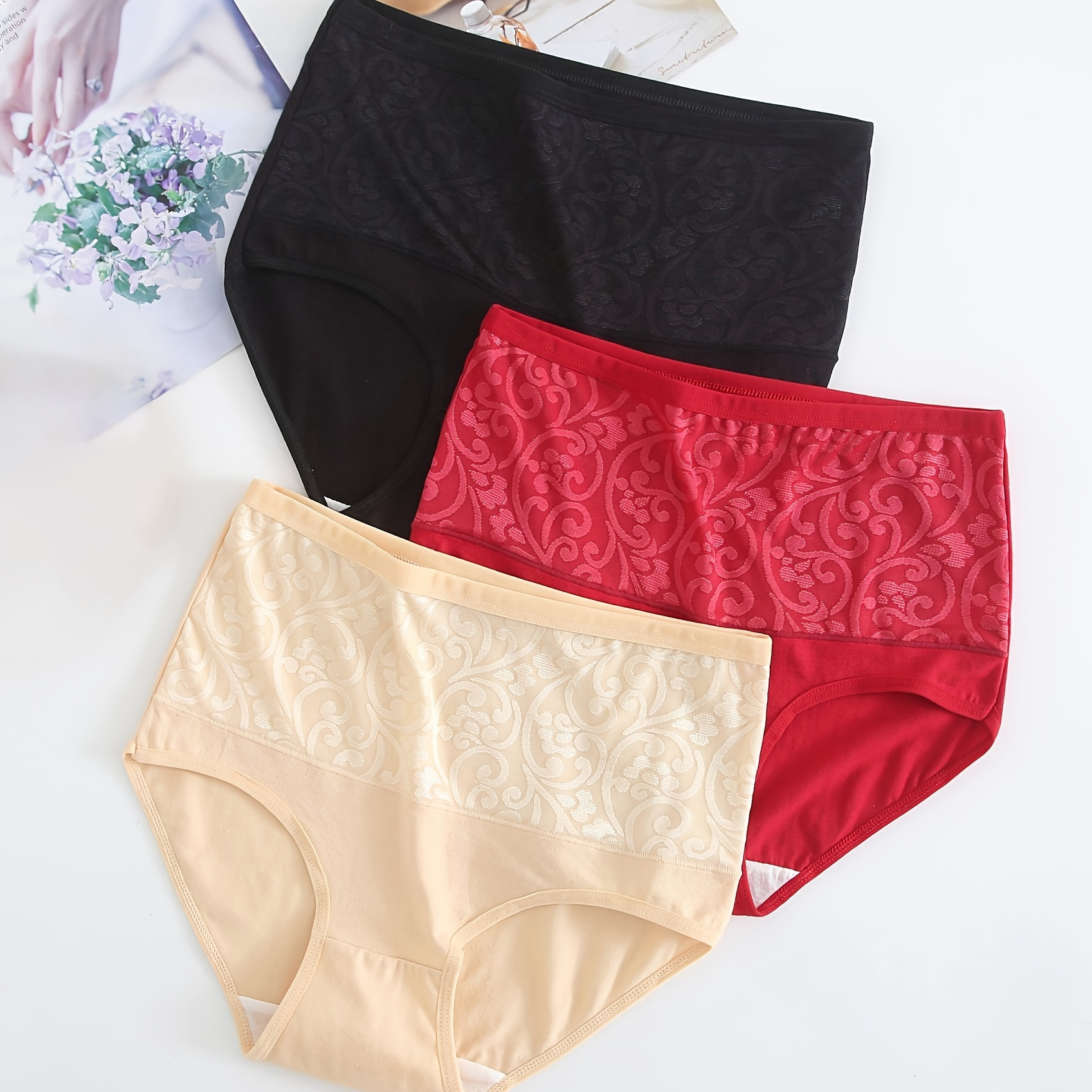 

3pcs Simple Jacquard Comfort Briefs, Breathable High Waist Cotton Tummy Control Panties, Women's Lingerie & Underwear