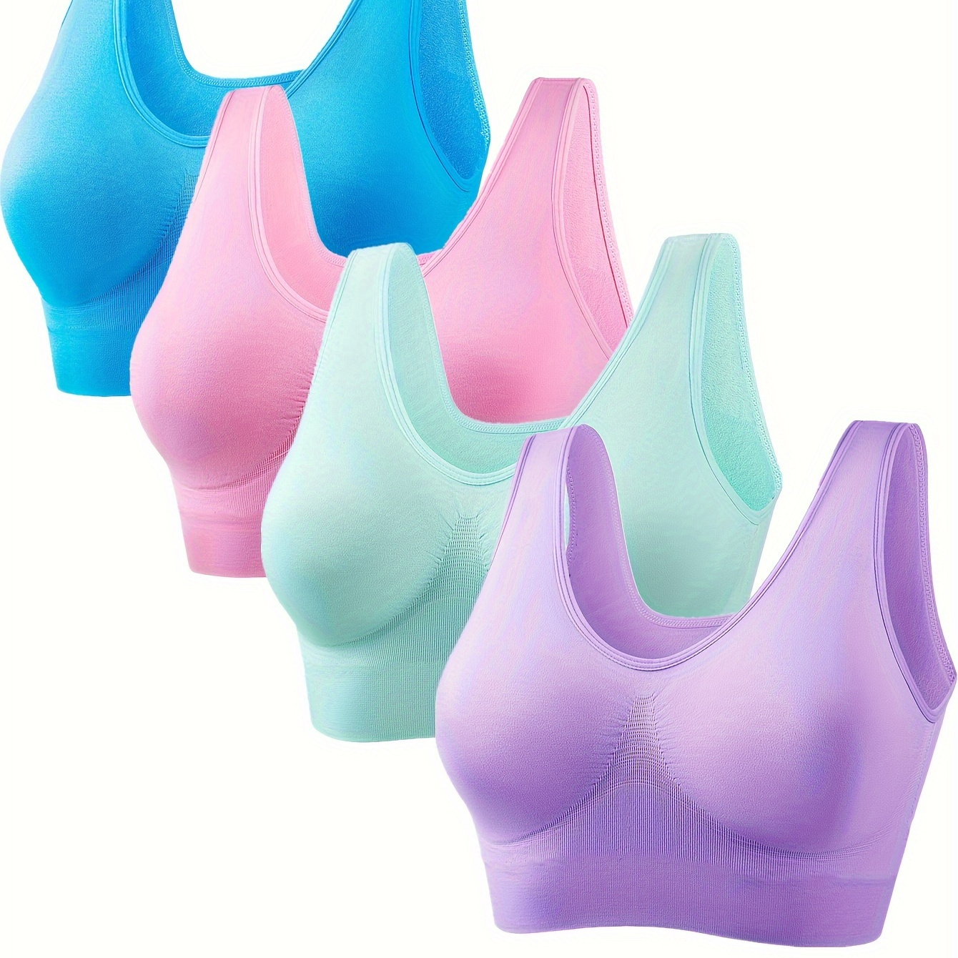 

4pcs Solid Color High Support Sporty Bra, Scoop Neck Backless Wireless Comfy Workout Everyday Bra, Women's Lingerie & Underwear