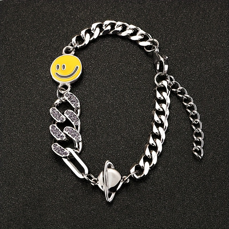 

Festive Men's Bracelet: Stainless Steel With Water Drill And Happy Face Charm