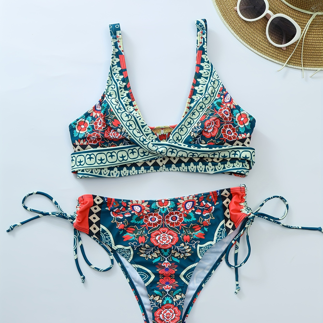 

Floral Pattern 2 Piece Set Bikini, Ruched Bra Tie Side High Cut Cheeky Swimsuits, Women's Swimwear & Clothing