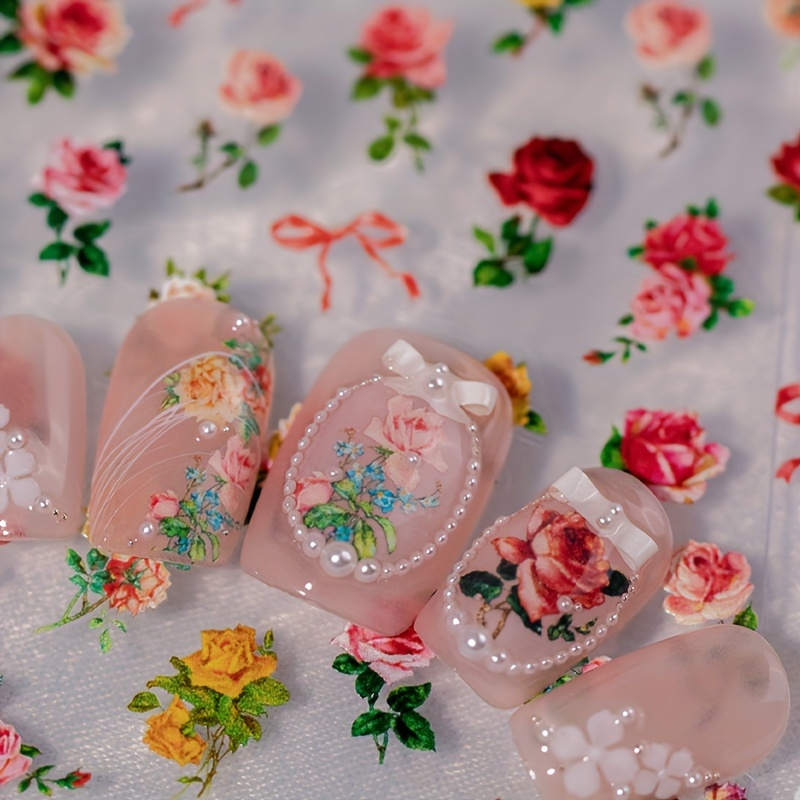 

5d Embossed Nail Art Stickers, Rose Design Nail Art Decals For Nail Art Decoration, Self Adhesive Spring Summer Nail Art Supplies For Women And Girls