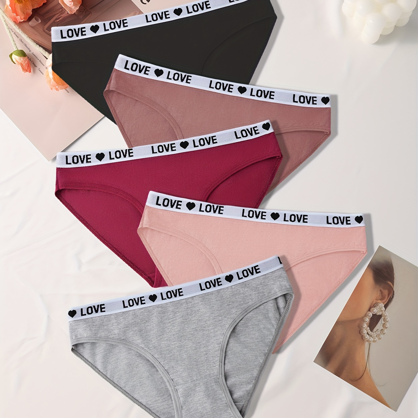 

Lot de 5 culottes imprimées avec des lettres, confortables et extensibles, lingerie et sous-vêtements pour femmes