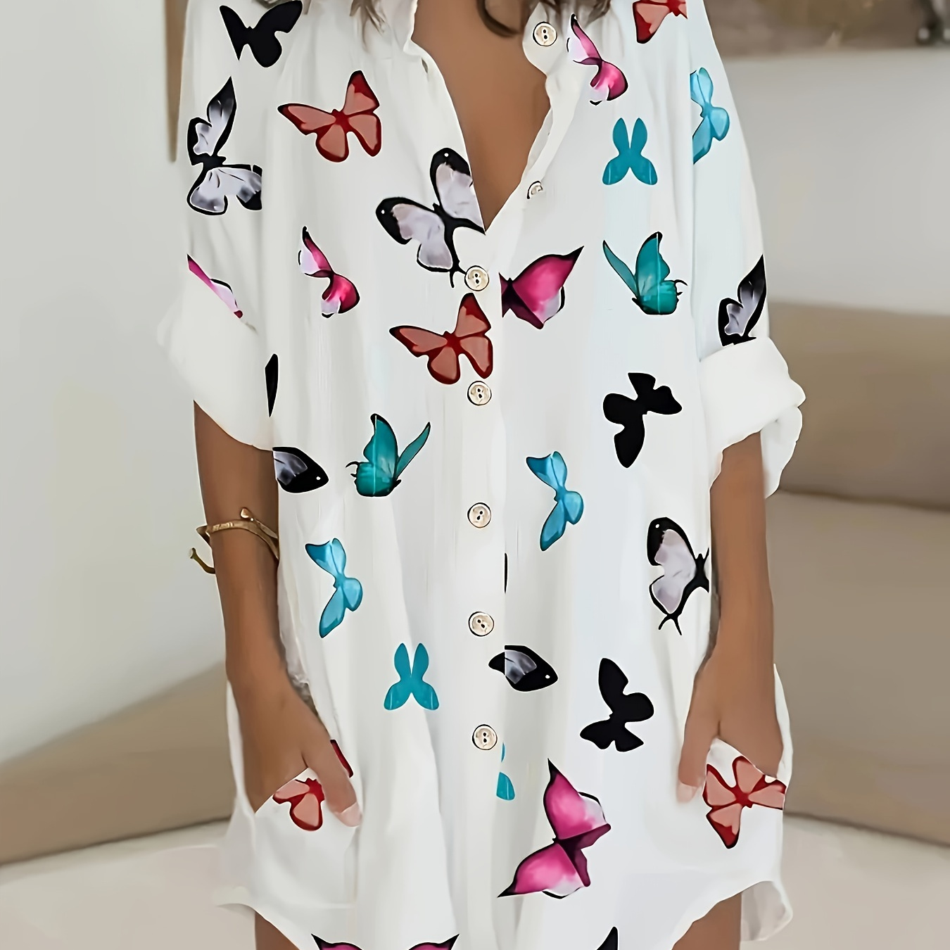 

Plus Size Butterfly Print Blouse, Casual Collared Buttons Blouse For Spring, Women's Plus Size clothing