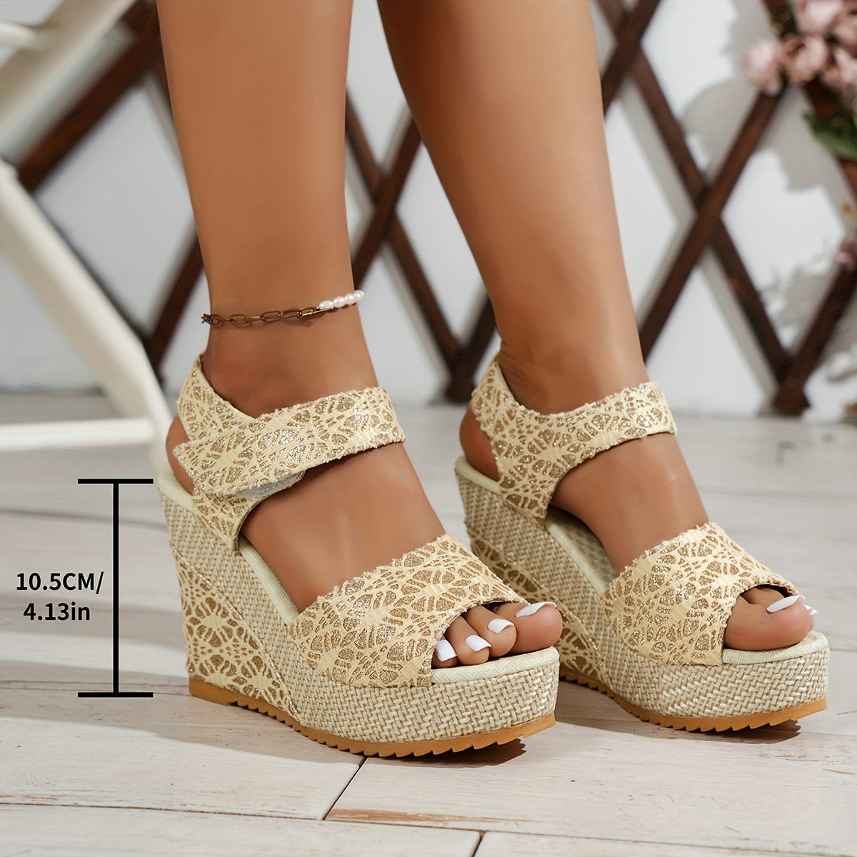 

Women's Solid Color Glitter Sandals, Ankle Strap Platform Slingback Summer Shoes, Low Wedge Beach Shoes