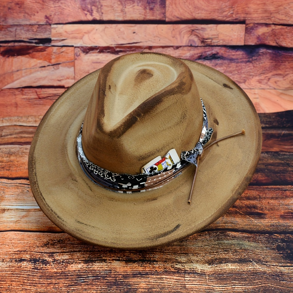 

Vintage Distressed Fedora Hats Classic Poker Strap Decor Western Felt Hats Lightweight Unisex Fedoras For Women Men