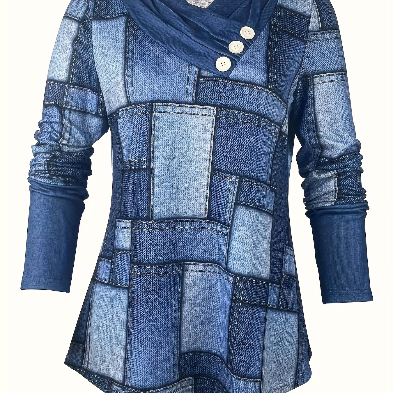

Patchwork Print Button Decor Tunics, Casual Long Sleeve V-neck For Spring & Fall, Women's Clothing