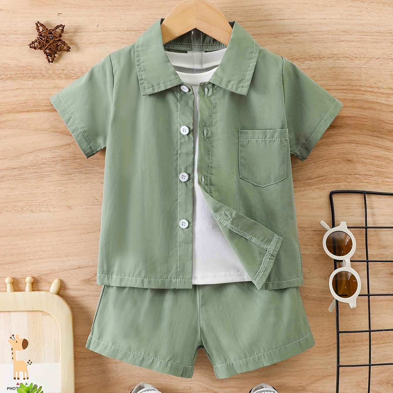 

2pcs Infant & Toddler's Solid Color Casual Outfit, Turndown Collar Shirt & Shorts, Baby Boy's Clothes