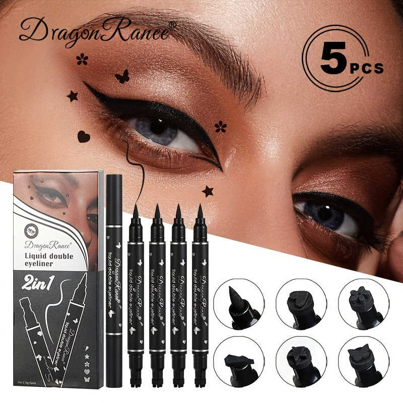 

5pc Dual-ended Eyeliner Stamp Pens Set, Waterproof & Smudge-proof, Easy To Apply, Starter Kit With Star & Heart & Plum Blossom Shapes, Ideal For Quick Eye Makeup