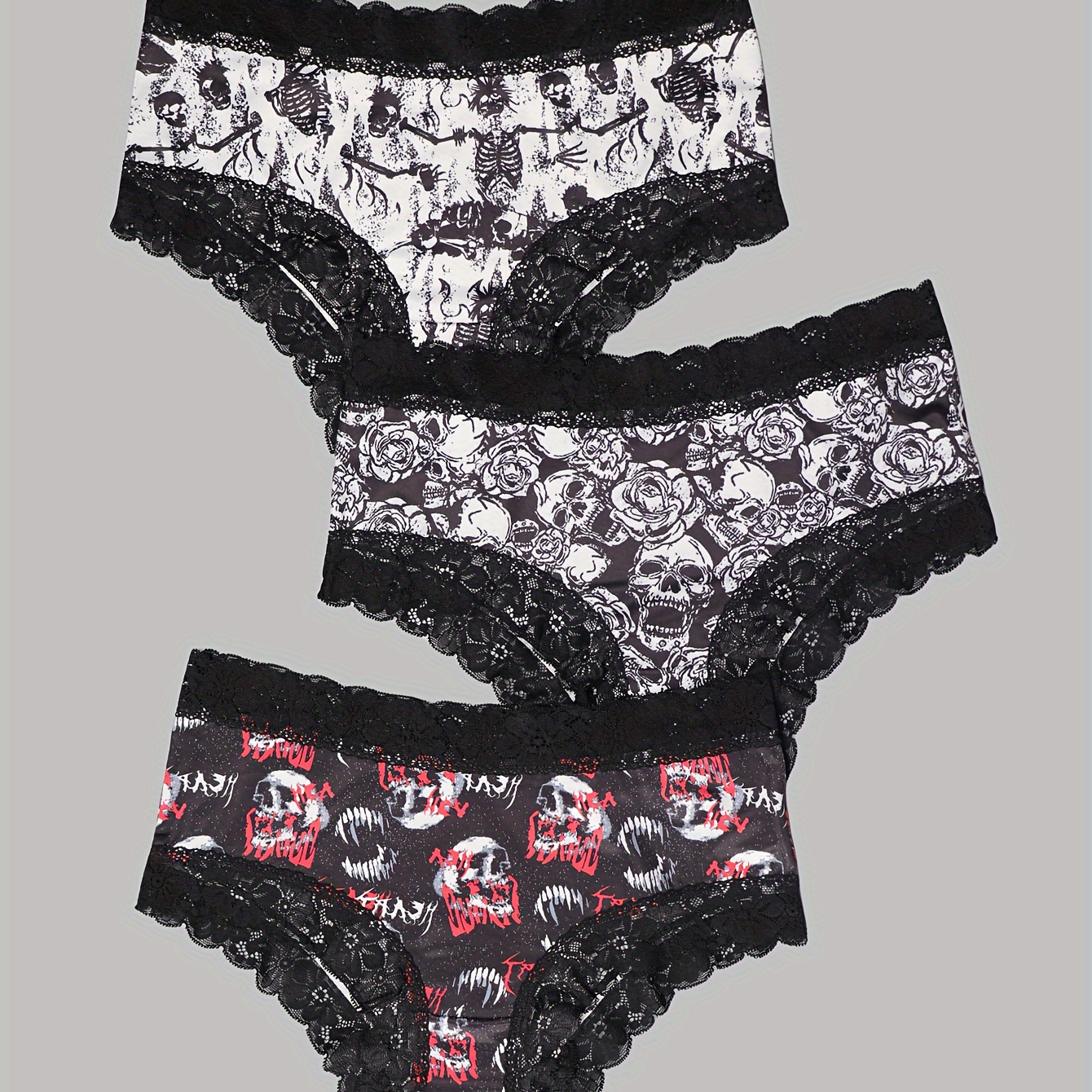 

3pcs Sexy Gothic Contrast Lace Hipster Panties Low Waisted Bikinis, Halloween Skull & Skeleton Print Intimates Panties, Women's Underwear & Lingerie