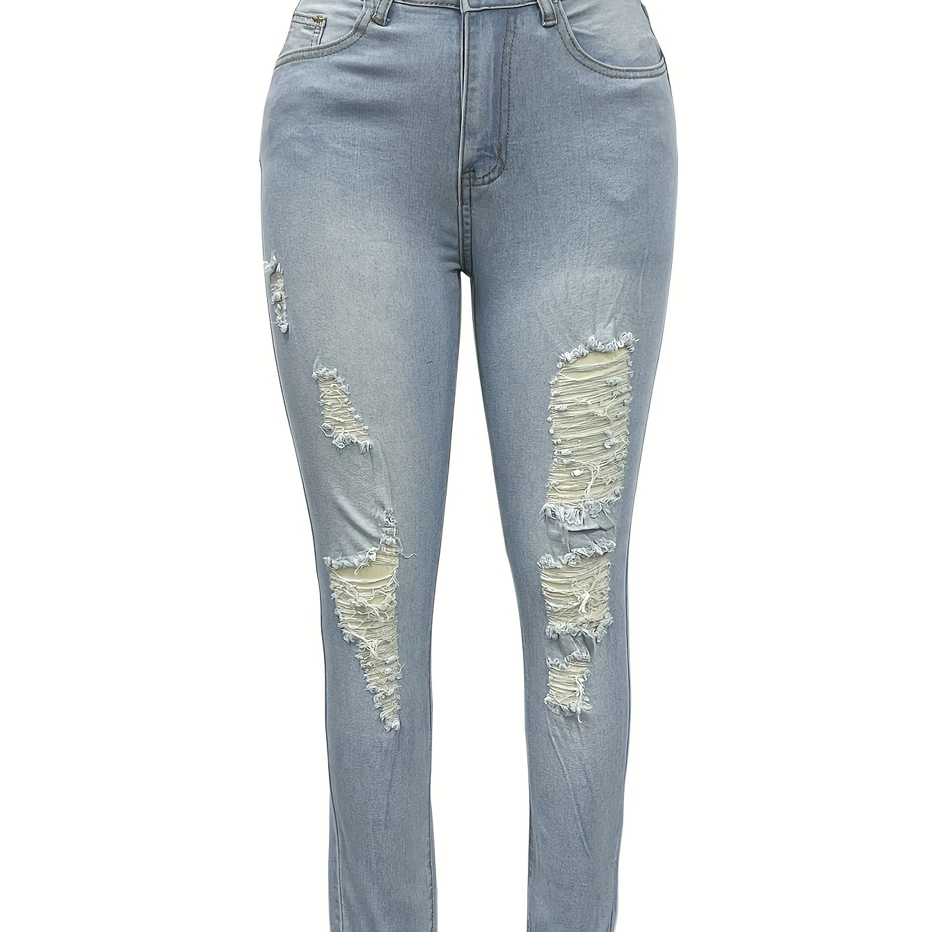 

Ripped High Rise Skinny Jeans, Light Washed Blue Stretchy Sexy Distressed Curvy Denim Pants, Women's Denim Jeans & Clothing