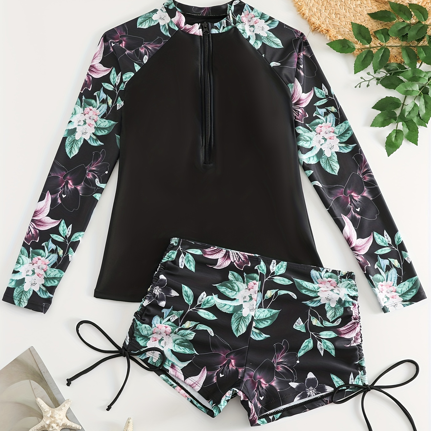 

Floral Print Zipper Long Sleeve 2 Piece Set Tankini, Drawstring Black Stretchy Water Sports Swimsuits, Women's Swimwear & Clothing