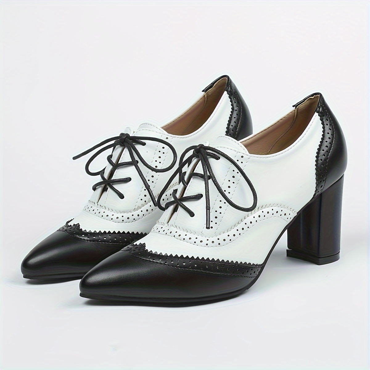 

Chic Black & White Colorblock Women's Pumps - Comfortable Lace-up Pointed Toe Block Heels With Non-slip Sole, Perfect For Office Wear