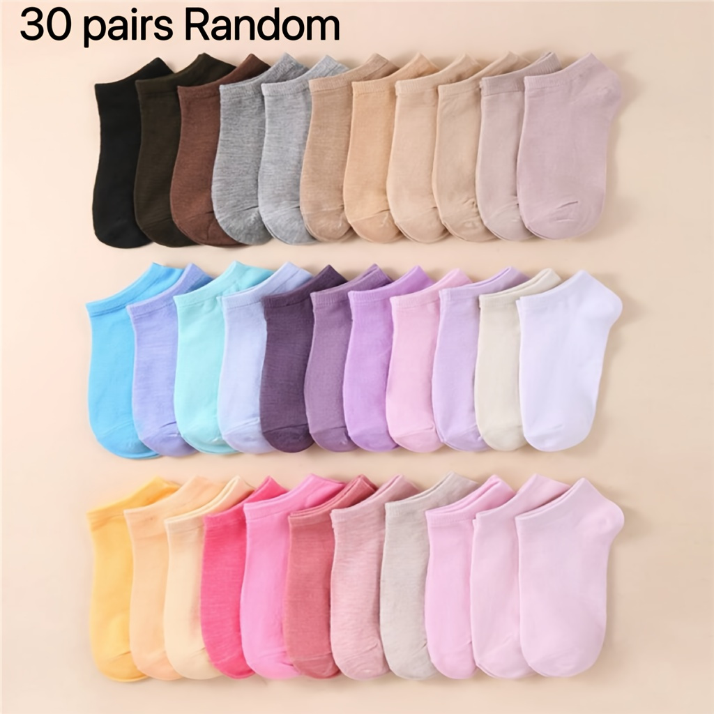 

30pcs Assorted Pastel Women's Ankle Socks - Soft, Stretchy Polyester & Spandex , Breathable, Sweat Absorbent, Odor-resistant, Casual Attire In Solid Color, Cute Socks