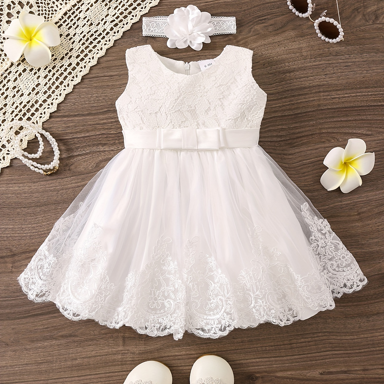 

Cute Baby Girl Sleeveless Solid Color Casual Mesh Dress + Headband Elastic Two-piece Set