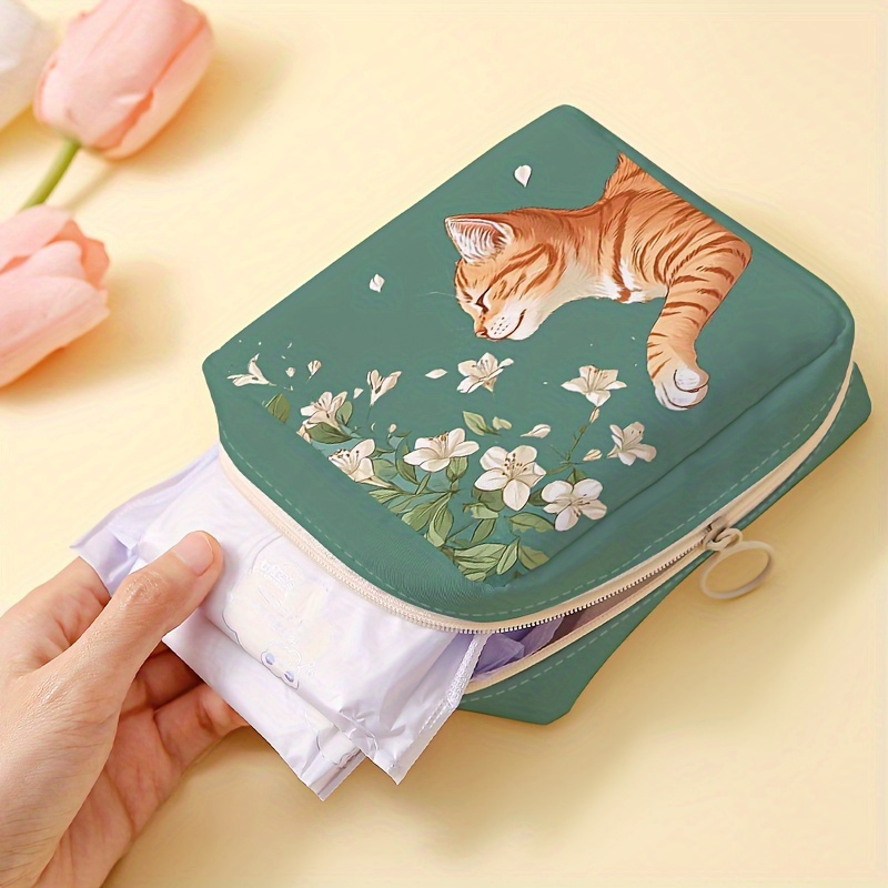 

1-pack Portable Large Capacity Sanitary Napkin Storage Bag With Cat And Floral - Polyester Cosmetic And Organizer Pouch