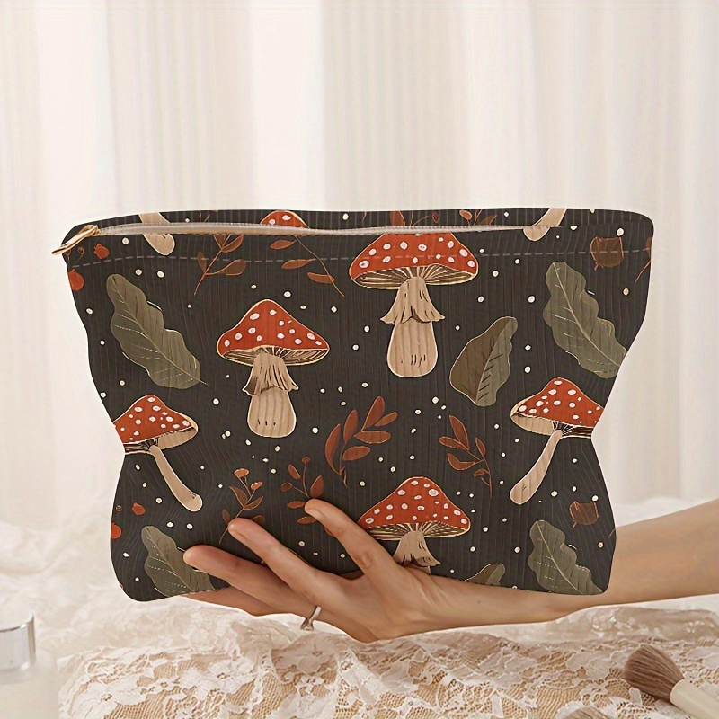 

Mushroom Leaf Pattern Printed Corduroy Zipper Makeup Bag Storage Bag, Lightweight Makeup Bag, Makeup Bag, Multifunctional Wash Bag With Lining