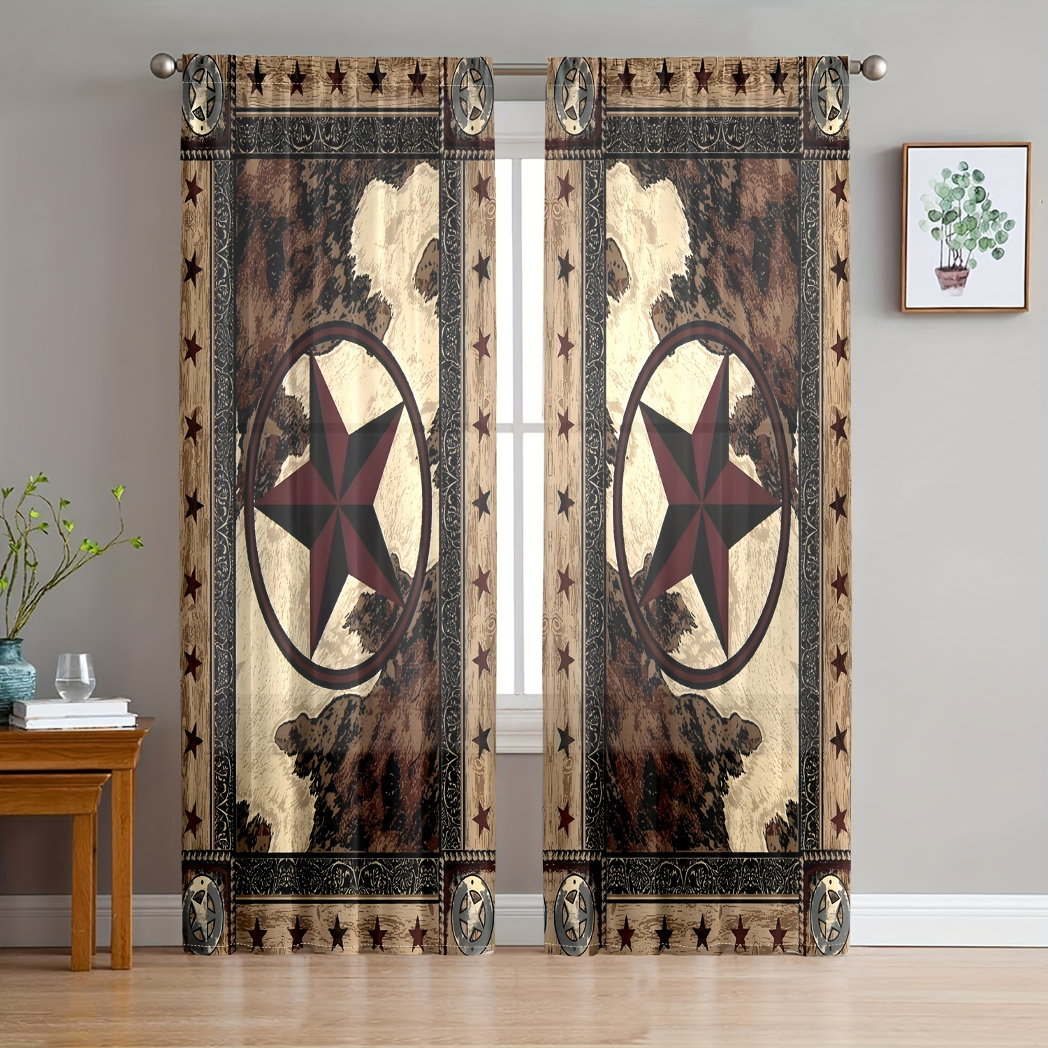 

Rustic Western Stars Curtain Set: 2 Pieces, Digital Print, Semi-transparent, Rod Pocket, Suitable For Living Room, Bedroom, And More - Perfect For Home Decoration