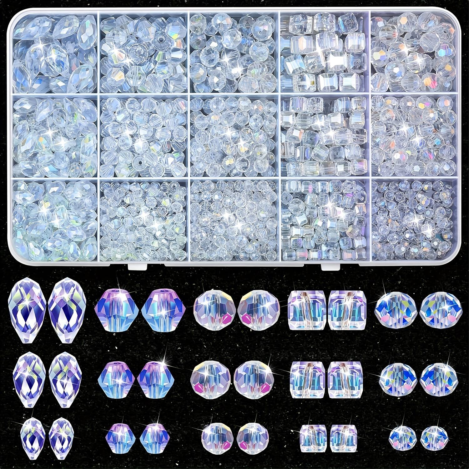 

Lot de 900 Perles en Verre AB, Tailles Mixtes 4-13mm Boîte de Rangement - la Bijouterie DIY, Bracelets & Artisanat, Accents Éclatants