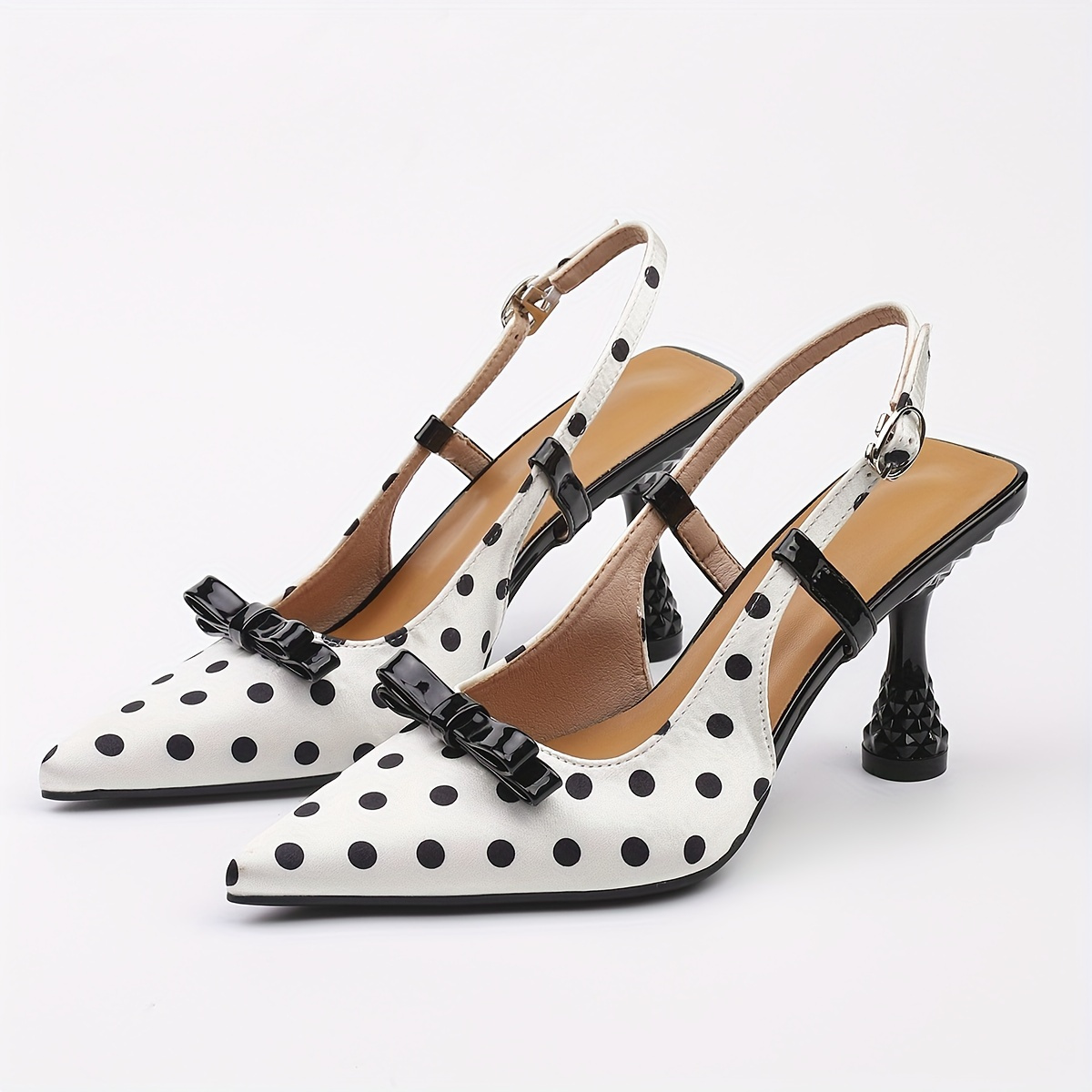 

Women's Elegant Slingback Heels, Polka Dot Pointed Toe Pumps With Adjustable Strap, Chic Bowknot Mules