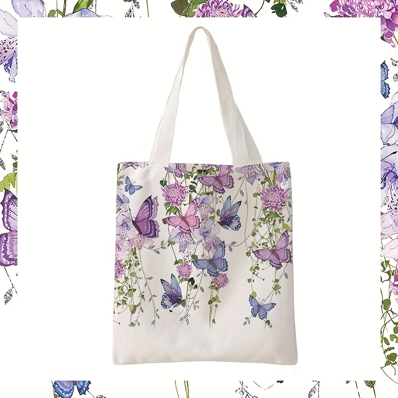 

Purple Butterfly Print Tote Bags, Large Capacity Trendy Simple Style Durable Folding Bags For Outdoor Picnic, Party, Travelling, Shopping