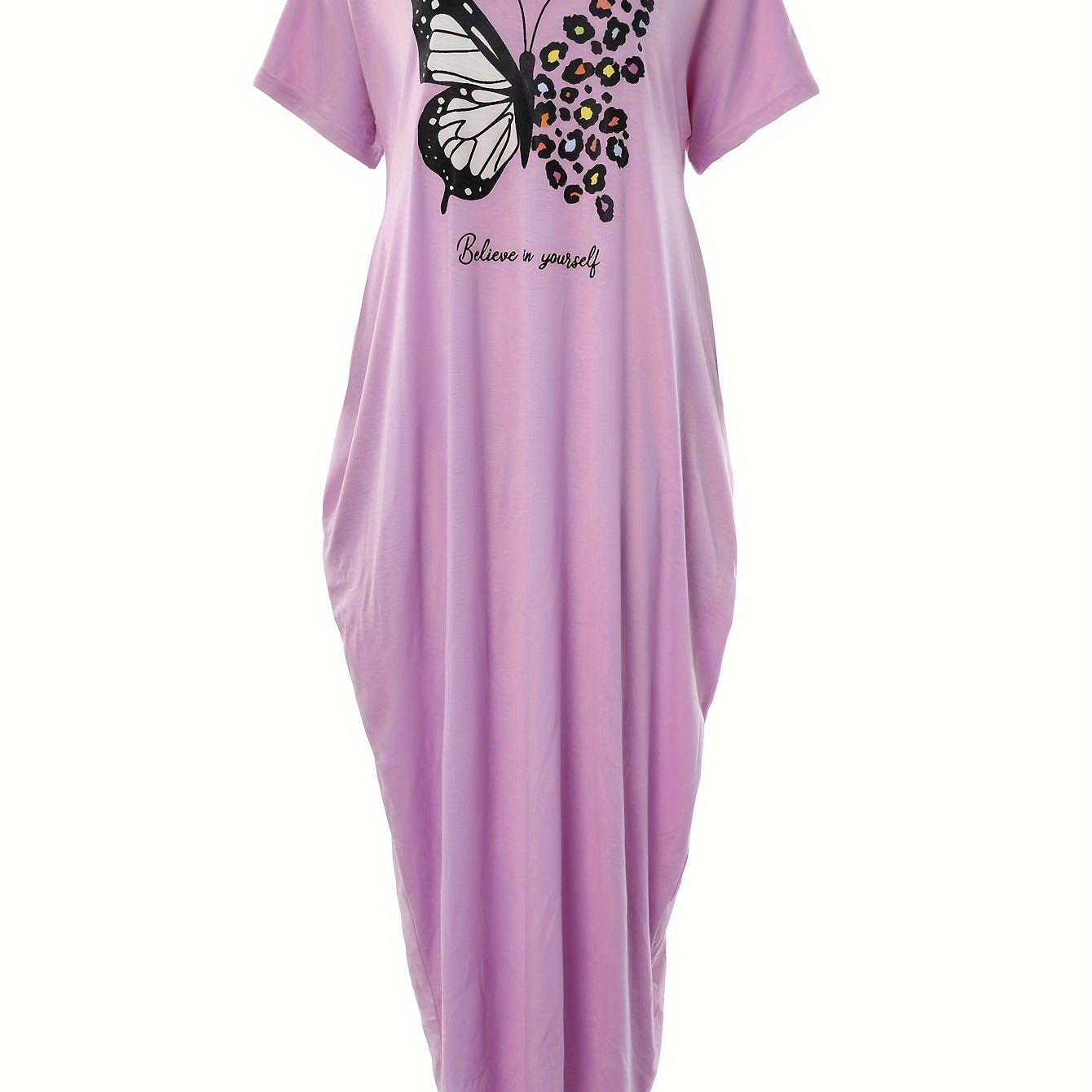 

Butterfly Print Lounge Dresses, Crew Neck Short Sleeve Home Dress, Women's Loungewear & Dresses