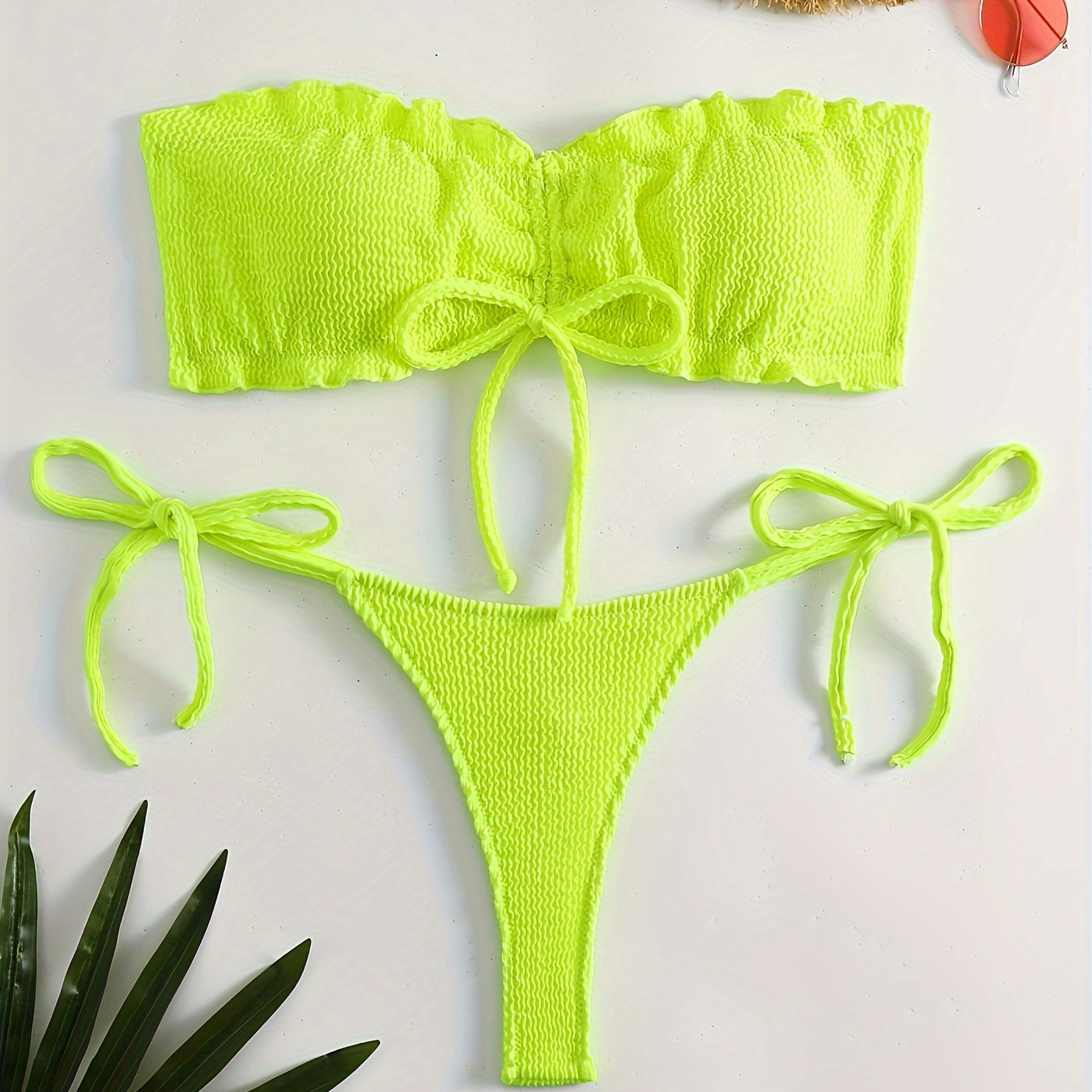 

Rib Knit Drawstring Lettuce Trim Bikini, Bandeau Tie Side Ruched Swimsuit, Sold Color High Strech 2 Piece Bathing Suit, Women's Swimwear & Clothing