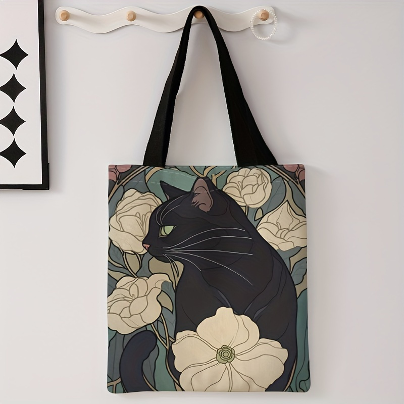

Camellia Black Cat Pattern Double Side Printed Casual Tote Bag, Reusable Fashionable Backpack, Multi Functional Handbag Shopping Bag