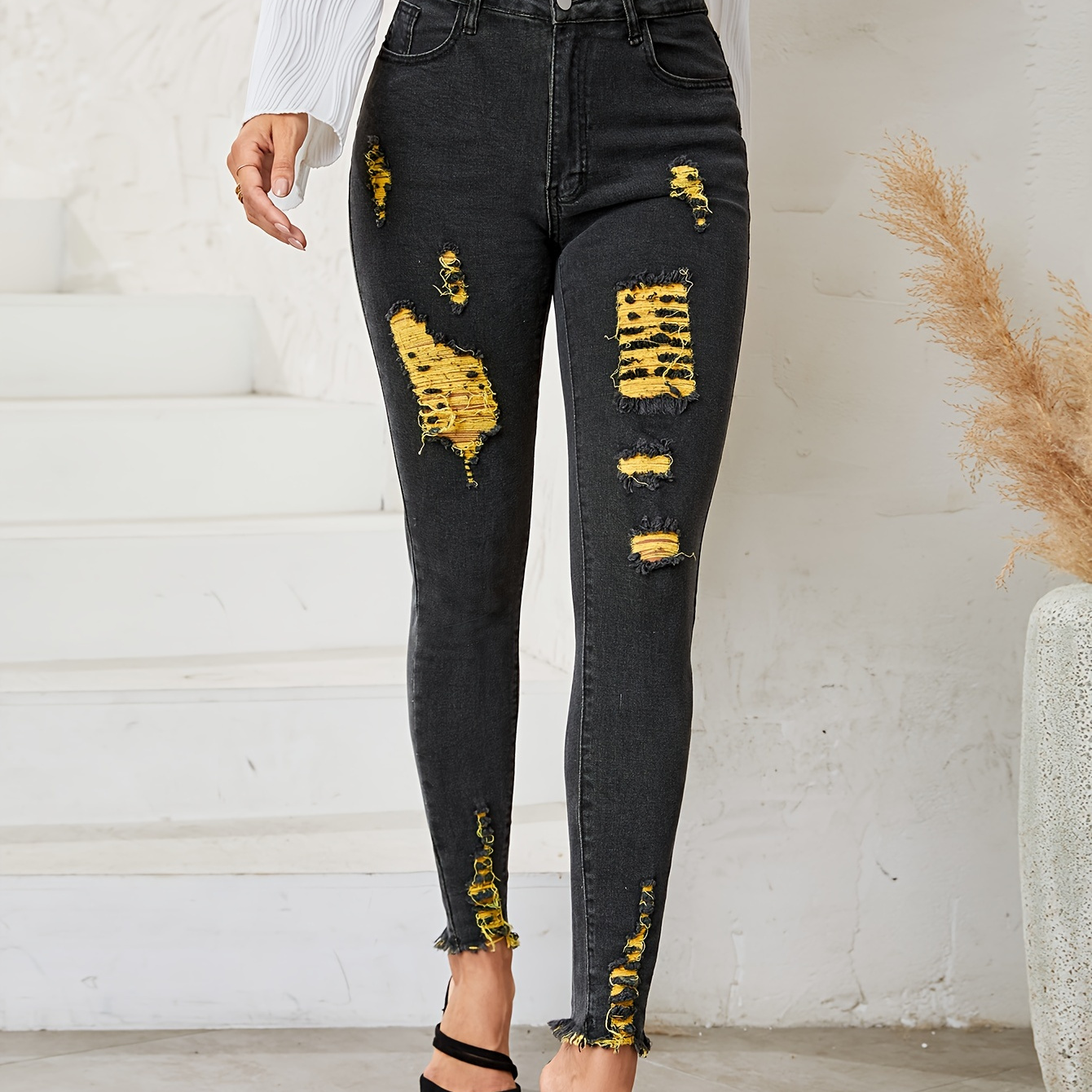 Black Ripped Holes Skinny Jeans, Distressed Slim Fit Mid-Stretch Tight  Jeans, Women's Denim Jeans & Clothing