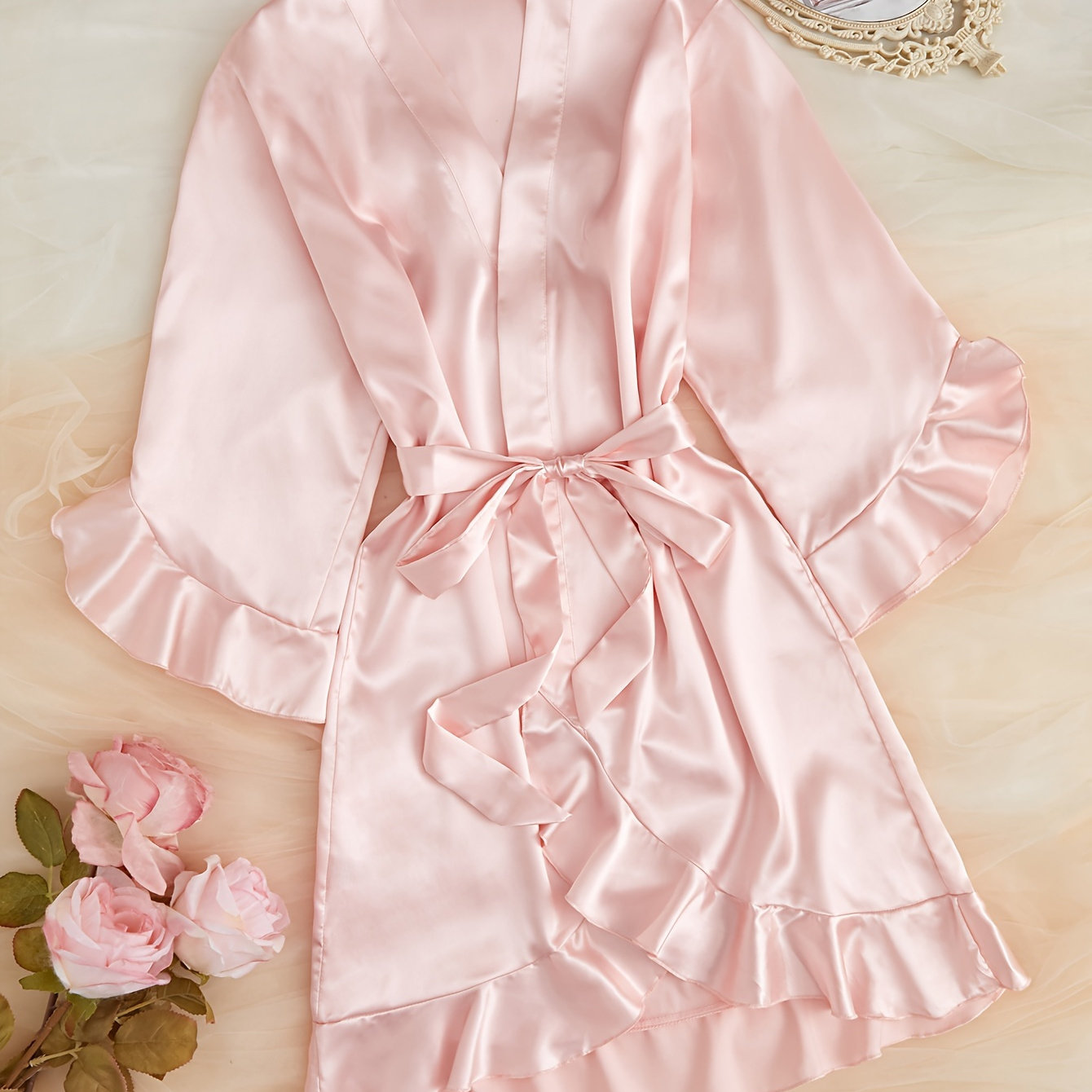 

Women's Solid Satin Ruffle Hem Elegant Night Robe, 3 Quarter Sleeve V Neck Sleep Robe, Comfortable Nightgown