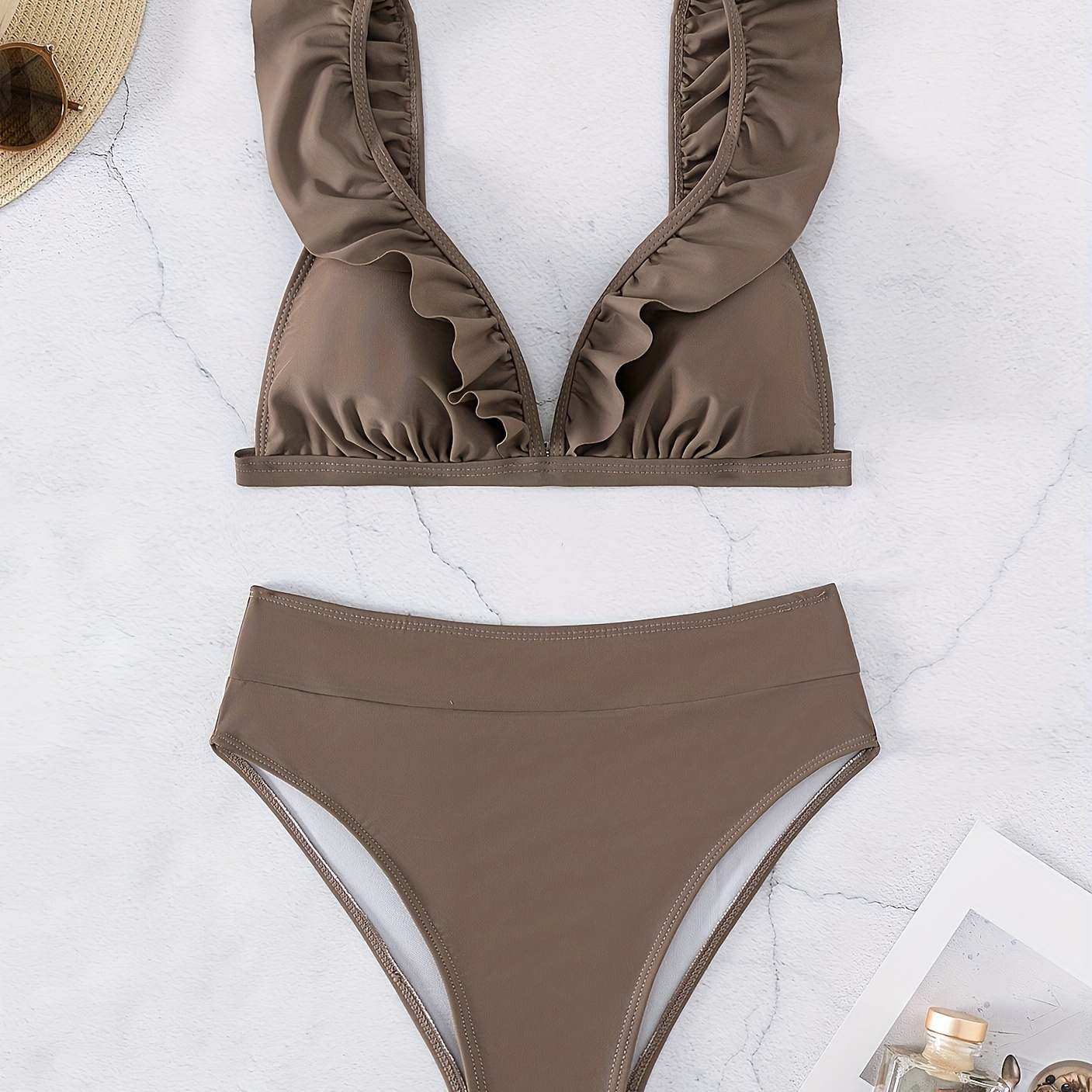 

Lettuce Trim V Neck Bikini Sets, Solid Color High Waist High Cut 2 Pieces Swimsuit, Women's Swimwear & Clothing