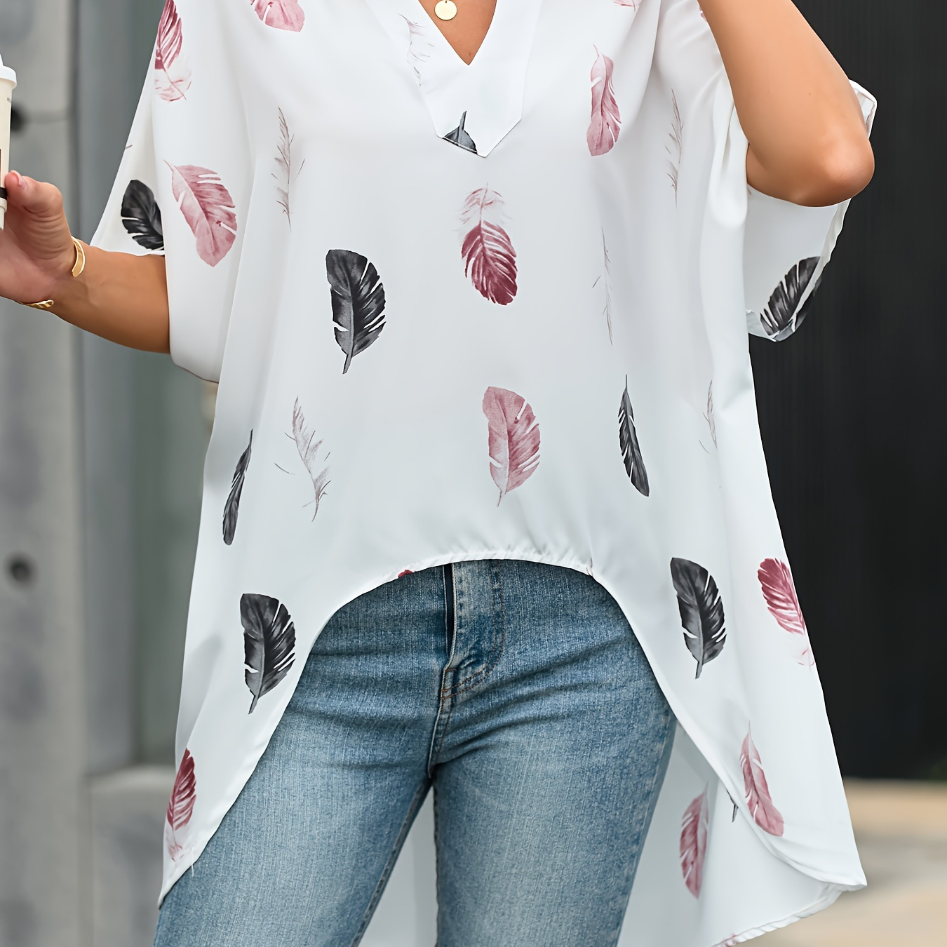 

Feather Print Notched Neck Blouse, Elegant Batwing Sleeve Dipped Hem Blouse, Women's Clothing