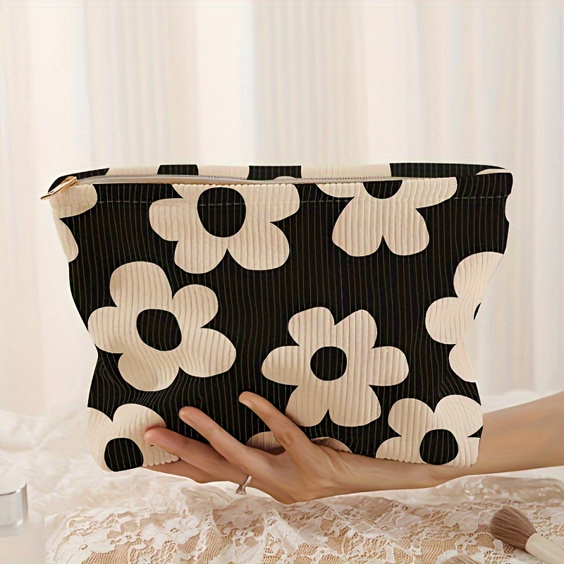 

Chic Floral Corduroy Makeup Bag - Spacious & Portable Cosmetic Organizer, Ideal For Travel Toiletries Storage