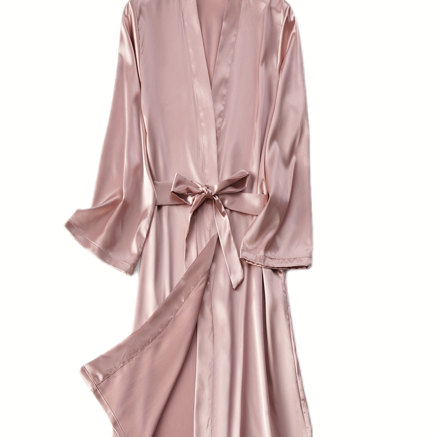 

Élégant Peignoir En Satin Solide, Robe À Manches Trois Quarts Col En V Avec Ceinture, Vêtements De Nuit Et Robes Pour Femmes