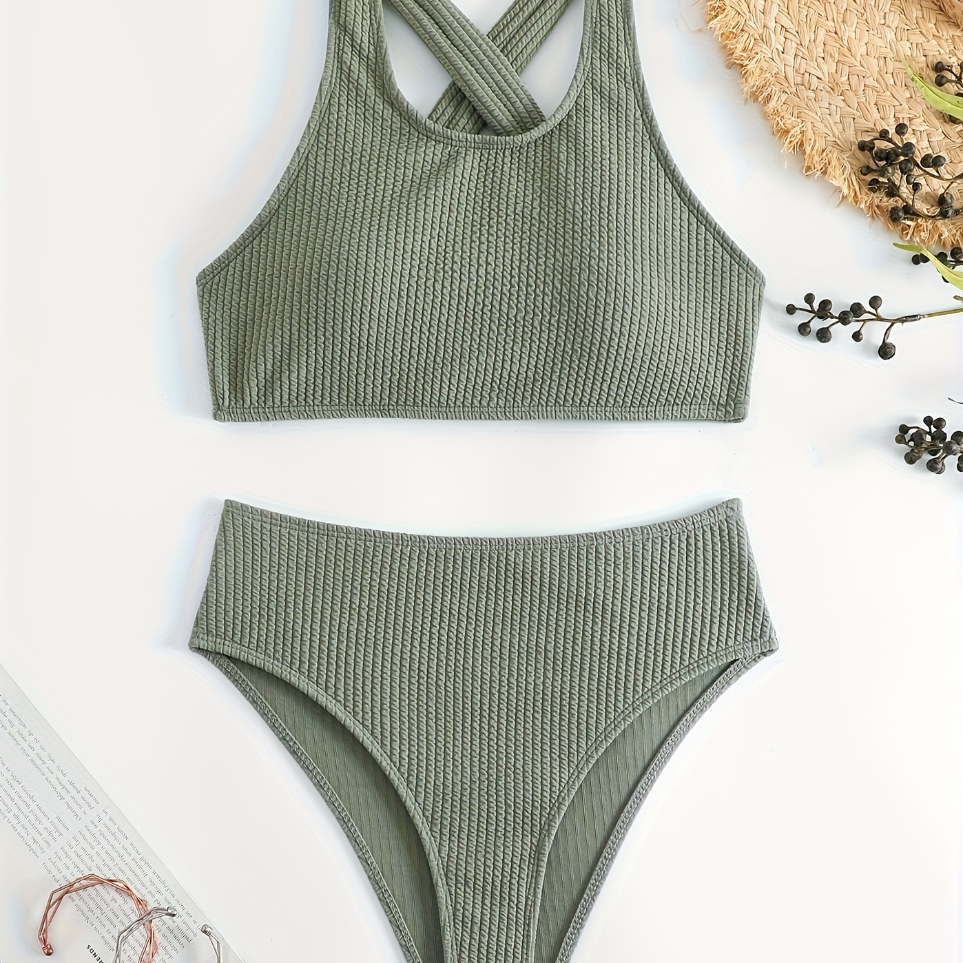 

Round Neck Rib Knit High Waist Swimsuit, High Strech Solid Color 2 Piece Beahwear, Simple & Stylish, Women's Swimwear & Clothing