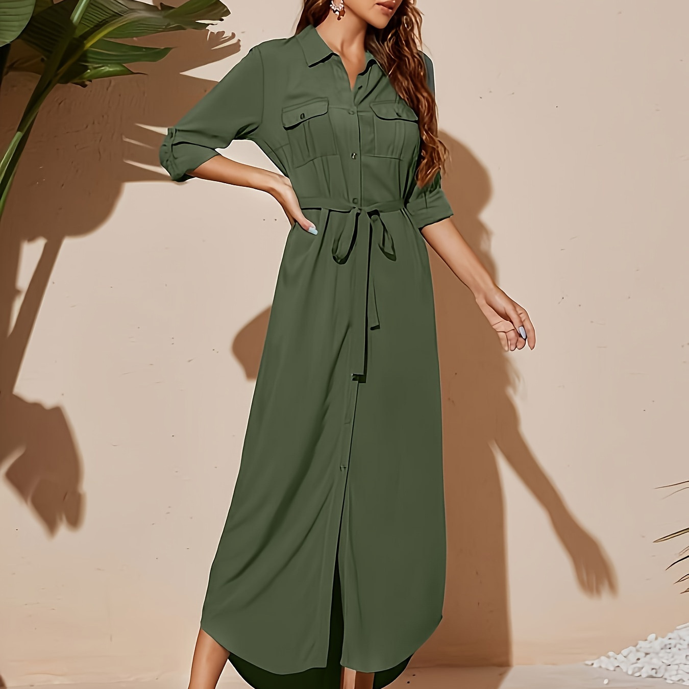 

Solid Single Breasted Belted Dress, Elegant Long Sleeve Flap Pockets Dress For Spring & Fall, Women's Clothing For Ramadan